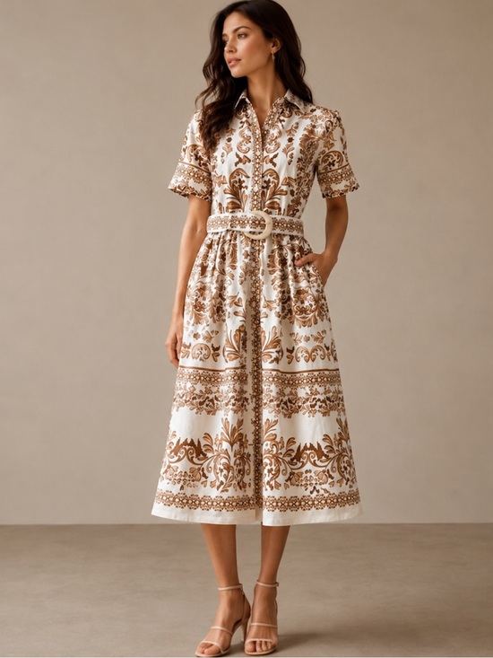 Cara Cara Dresses & Skirts - Cara Cara White and Brown Printed Shirt Dress with Belt